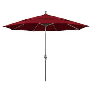 11 ft. Hammertone Grey Aluminum Market Patio Umbrella with Crank Lift in Red Olefin