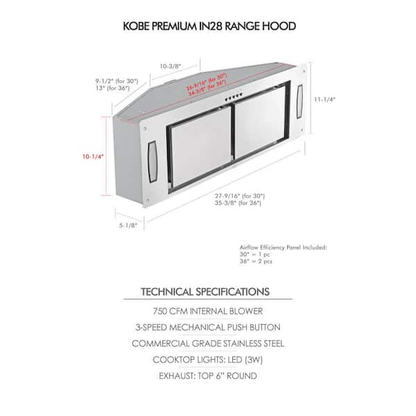 KOBE Range Hoods 36 in. 630 CFM Insert Range Hood in Stainless