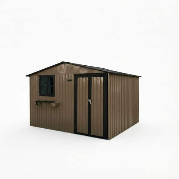 10 ft. x 8 ft. Brown Outdoor Metal Storage Shed, Tool Shed with Lockable Double Doors for Backyard, Waterproof