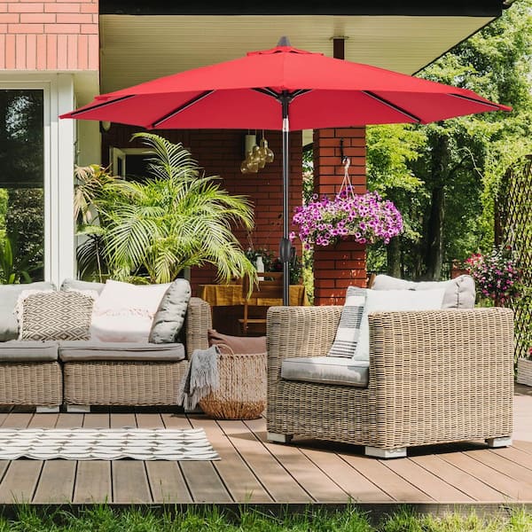 9 ft sunbrella patio umbrella Flash Furniture Teal Round - 1.5" Diameter Aluminum Pole you can push the tilt button to adjust the canopy for more shade California Umbrella GSCU908302-5403 9 ft.