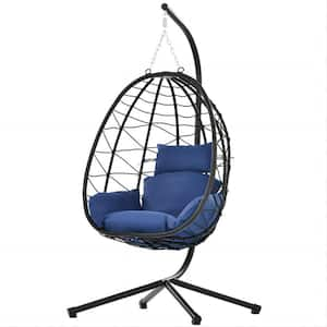 Wicker Outdoor Patio Swing Chair Hanging Egg Chair with Stand and Navy Blue Cushion