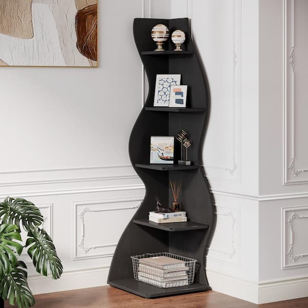 BYBLIGHT Eulas 69.8 in. Tall Black Engineered Wood 5-Shelf Standard Bookcase Bookshelf Corner Shelf for Living Room