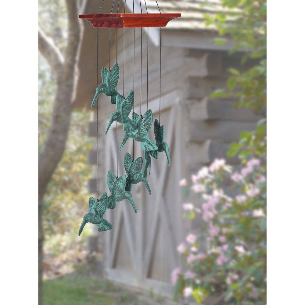 Verdigris Cast Metal Hummingbird Wind Chime with Wooden Top