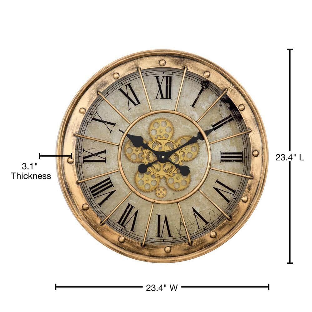 Gilded Gold Round Metal Gear Wall Clock with Roman Numerals