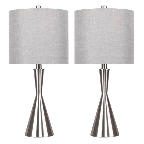 GRANDVIEW GALLERY 23 in. Brushed Nickel Table Lamps with Hourglass Body and Grey Blue Drum Shades (2-Pack)
