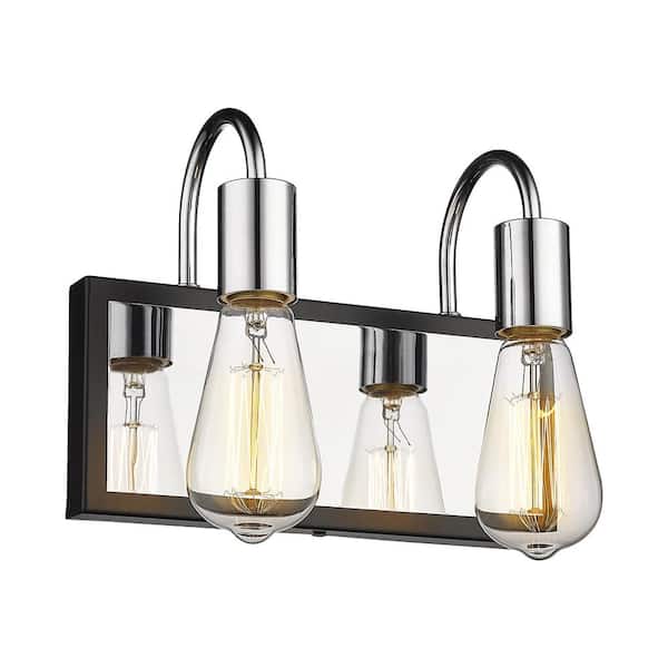 JAZAVA 10.6 in. 2-Light Chrome and Black Bedroom Powder Room Hallway Vanity Light Wall Sconce-Light