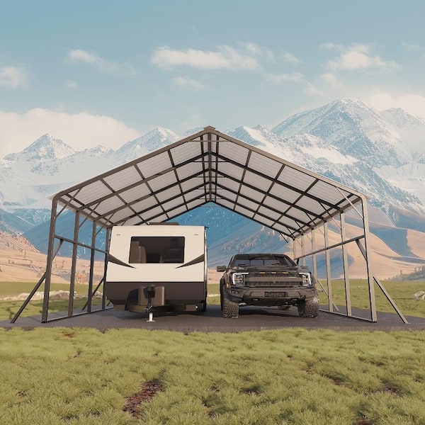 Heavy-Duty 20x25 ft Metal Carport Kit – 120° Steep-presentation Vertical Roof for Superior Snow Shedding for Cars, RVs