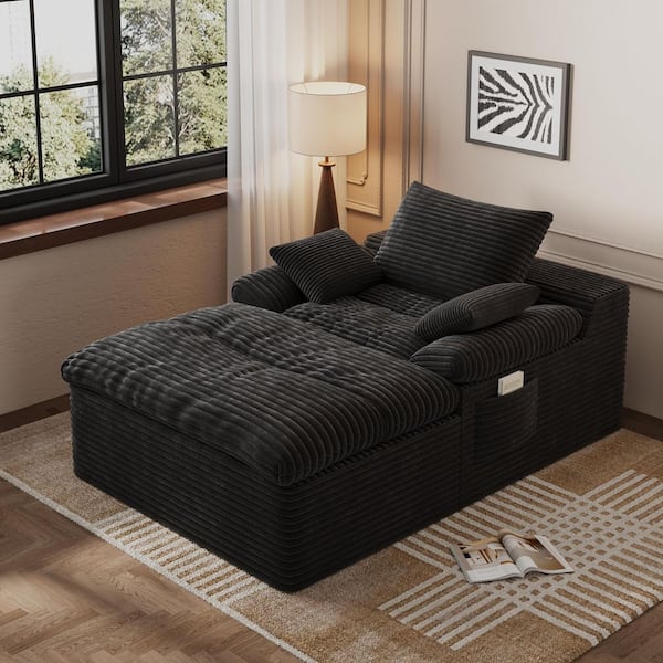 43.3 in. Slope Arm Corduroy Rectangle Deep Seat Modular Floor Sofa Couch with Side Pocket for Living Room in Black
