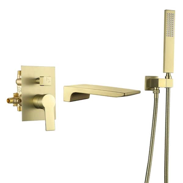 FORCLOVER Single-Handle Wall Mount Roman Tub Faucet with Hand Shower in Brushed Gold