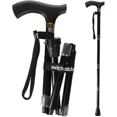 Luxury Folding Walking Stick, 32 in to 37 in, Cane with water resistant bag, wrist strap and hook & loop band, in Black
