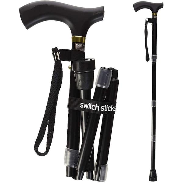 switch sticks Luxury Folding Walking Stick, 32 in to 37 in, Cane with water resistant bag, wrist strap and hook & loop band, in Black