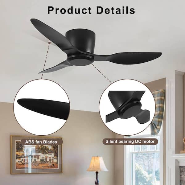 Jushua 40 in. Matte Black Flush Mount Ceiling Fan without light, 3