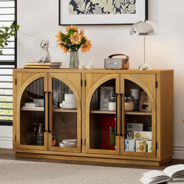 Harper & Bright Designs Natural Wood 4-Door Large Storage Wood 60 in. Retro Sideboard with Metal Handles and Adjustable Shelves
