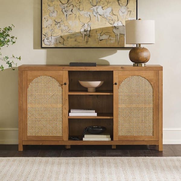 Welwick Designs Modern English Oak Wood 58 in. Sideboard with Arched Rattan Panels