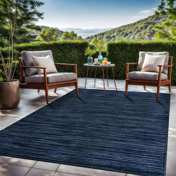 Linea Navy 9 ft. x 12 ft. Rubber Back Washable Modern Striped Indoor Outdoor Patio Area Rug