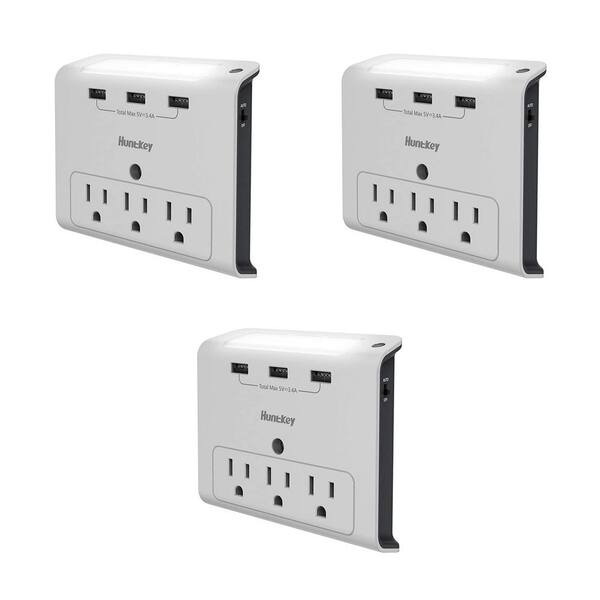 Huntkey Wall Mount Outlet with 3 2.1 Amp USB Ports and 3 Outlets, White (3-Pack)