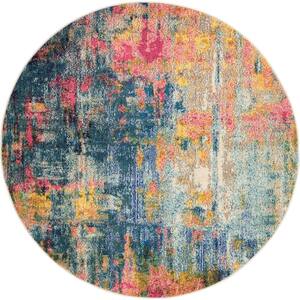 Celestial Blue/Yellow 5 ft. x 5 ft. Abstract Contemporary Round Area Rug