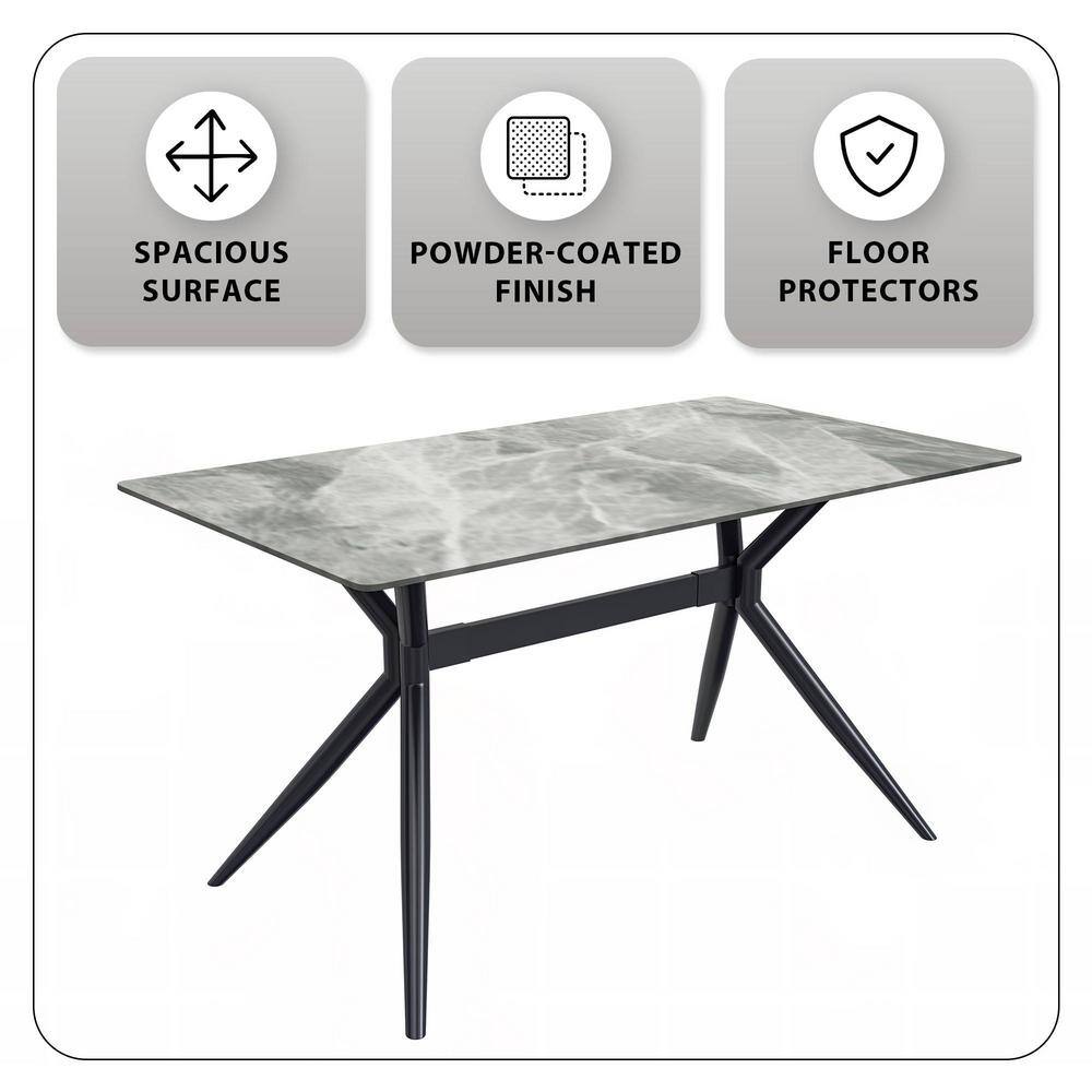 Modern Light Grey Glass Dining Table with Black Steel Base, 62"