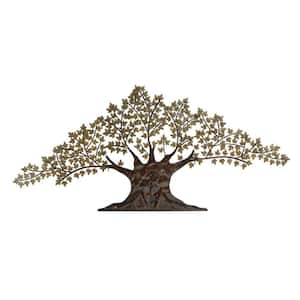 93 in. x  41 in. Metal Brown Indoor Outdoor Tree Wall Decor with Leaves