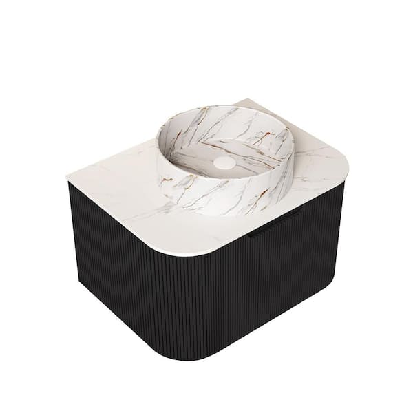 Baye 24 in. W Floating Black Bath Vanity with White Textures Ceramic Sink and Engineered Marble Top Unassembled