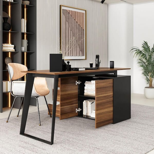 FUFU&GAGA 55.1 in. Width L-Shaped Brown Wooden 3-Drawer Commercial Desk, Computer Desk, Writing Desk with Shelves Storage