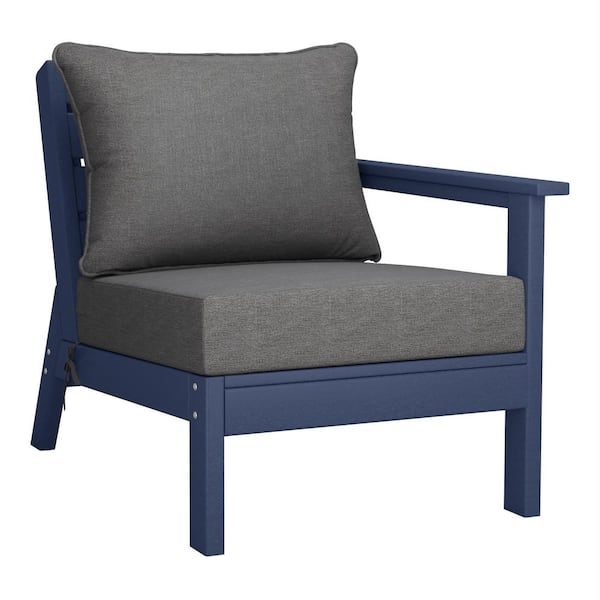 Birchwood Outdoor Patio Deep Seating Right Facing Arm HDPE Lounge Chair in Navy Blue with Grey Cushions