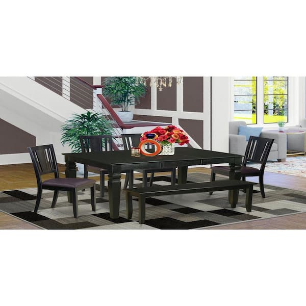 East West Furniture 6-Piece Rectangle Black Finish Solid Wood Top dining Table with 1 Bench and 4 Chairs with Lattice Back