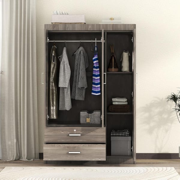 ニュードロワー セット Nestfair 3-Door Gray Wood 41.3 in. W Wardrobe with 2-Drawers