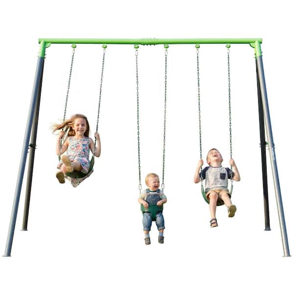 9-FT Heavy-Duty Metal Swing Set with Coated Chains, A-Frame Backyard Playset w/ 3-Swing Design, by a Trusted USA Brand.