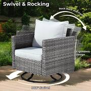 Daffodil Y Gray 8-Piece Wicker Patio Storage Fire Pit Conversation Set with a Swivel Rocking Chair and Gray Cushions