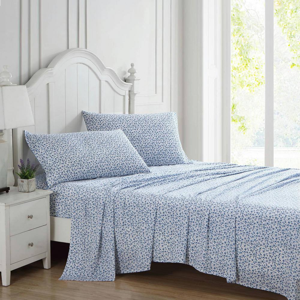 Lavange Vine Blue Floral Cotton Queen Sheet Set
