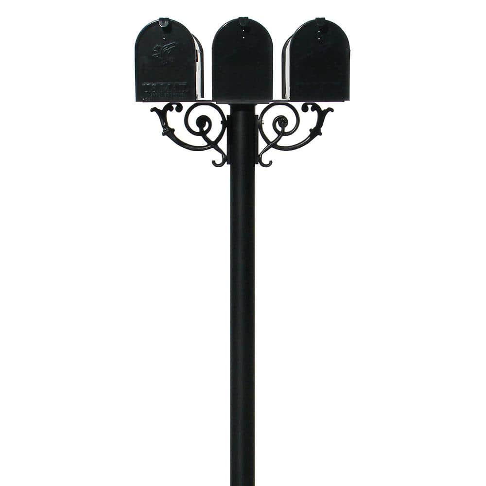 Hanford Triple Black Post System Non-Locking Mailbox with Scroll Supports a