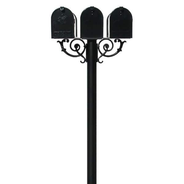 Unbranded Hanford Triple Black Post System Non-Locking Mailbox with Scroll Supports and E1 Economy Mailboxes