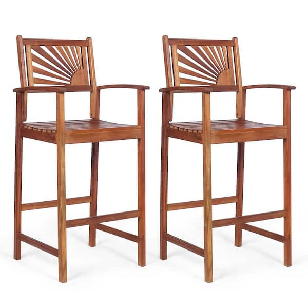 Costway 47 in. Low Back Brown Acacia Wood 29 in. Bar Stool with Wood Seat (Set of 2)