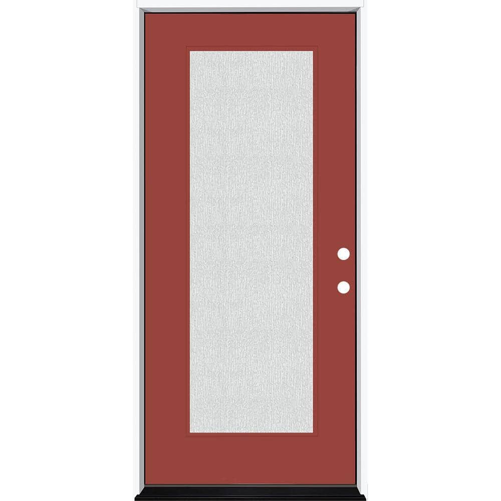 Legacy 36 in. x 80 in. Full Lite Rain Glass LHIS Primed Morocco Red Finish Fiberglass Prehung Front Door