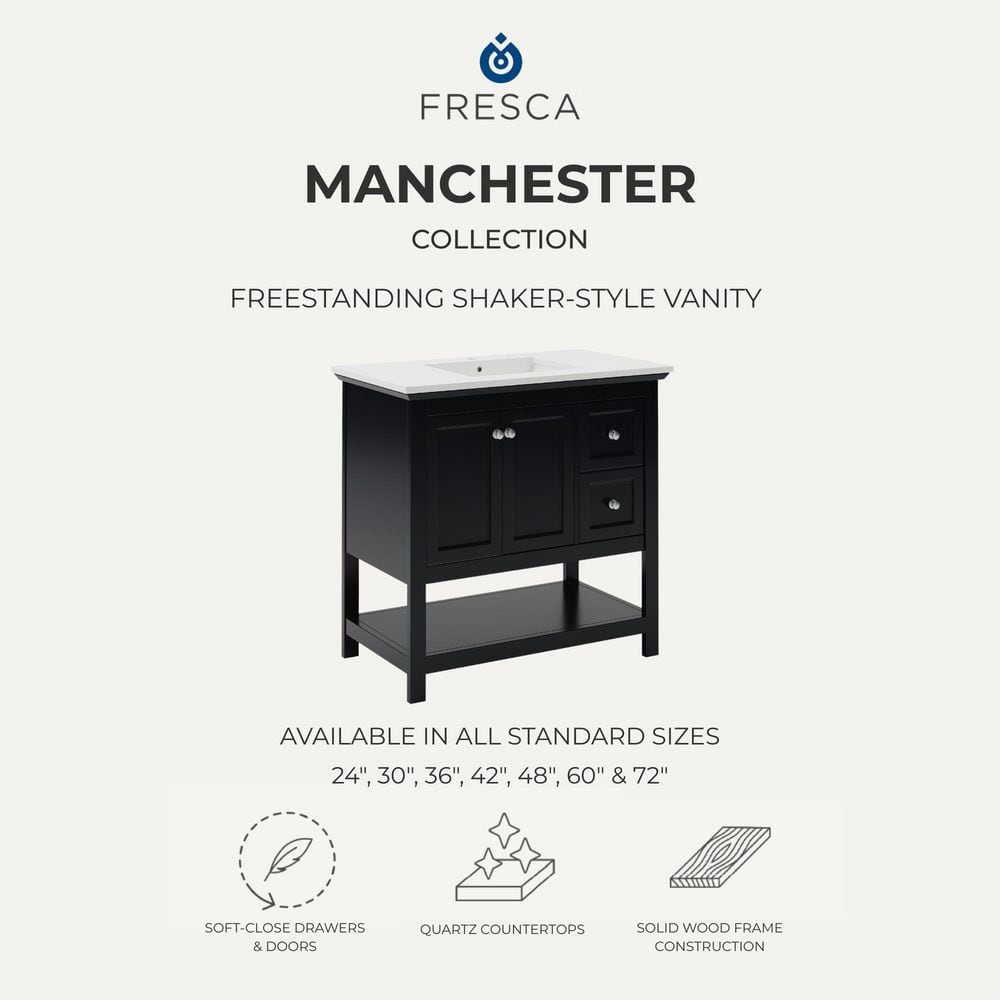 Elegant 42" Black Quartz Top Solid Wood Freestanding Vanity with Sink