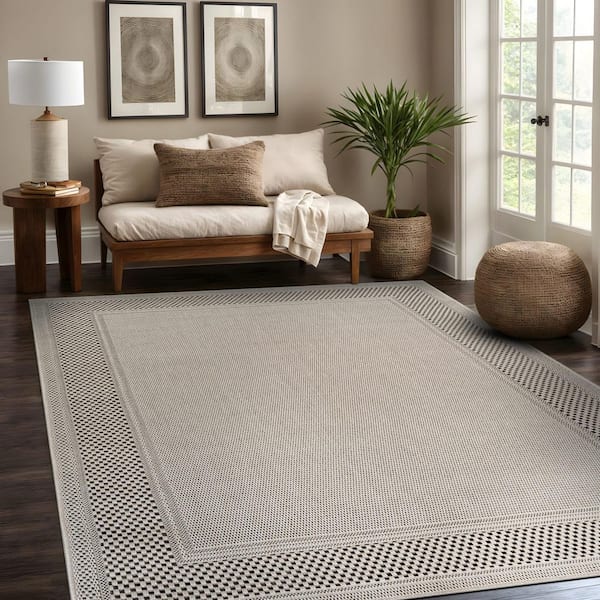 Coastal Beige 5 ft. x 7 ft. Bordered Washable Easy Jute Modern Indoor Outdoor Area Rug