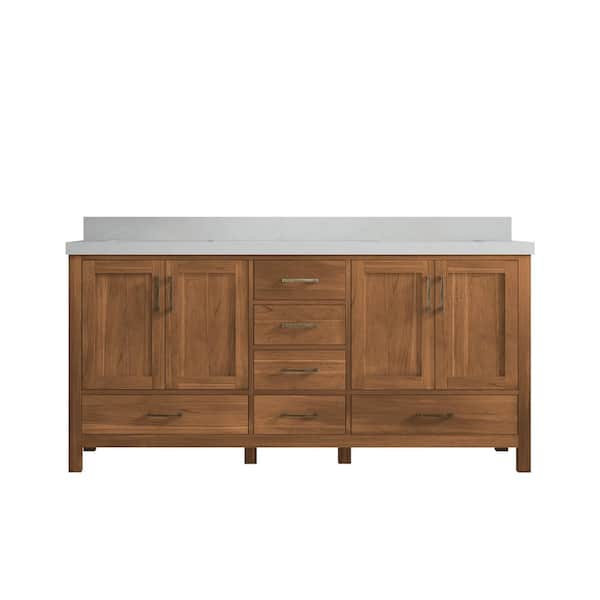 Willow Collections Malibu Teak 72 in. W x 22 in. D x 36 in. H Double Sink Bath Vanity in Gold Teak with 2" Carrara Quartz Top