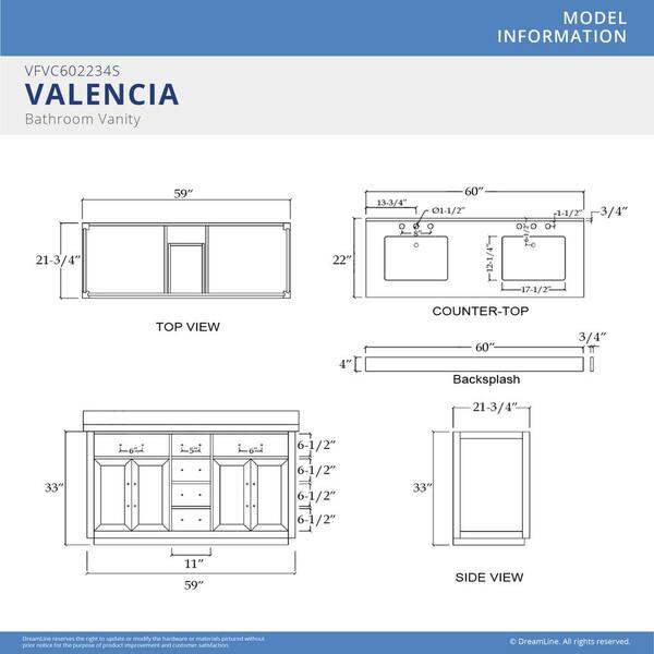 DreamLine Valencia 60 in. W x 22 in. D x 34 in . H Birch and