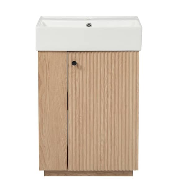 21.6 in. Freestanding Brown Bath Vanity with White Ceramic Top Open and Closed Storage
