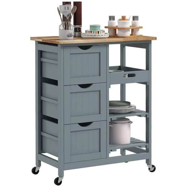 Gray Kitchen Cart with Butcher Block;Cutting Board;Drawers;Locking Casters;Shelf;Wheels