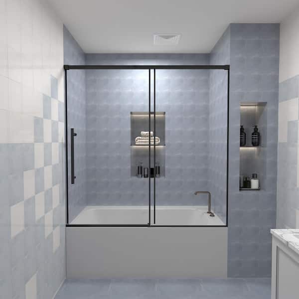 56-60 in. W x 58 in. H Semi-Frameless Sliding Tub Door in Matte Black with Clear Tempered Glass
