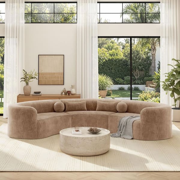153 in. Chenille Curved Sectional Sofa with 4 Pillows, Hook and Loop in Brown