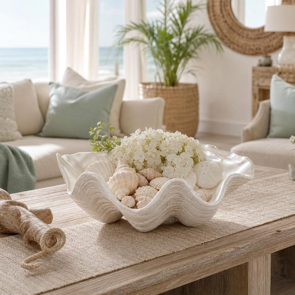 Ivory/Tan 12.75 in. Resin Artisanal Pearlized Shell Decorative Bowl
