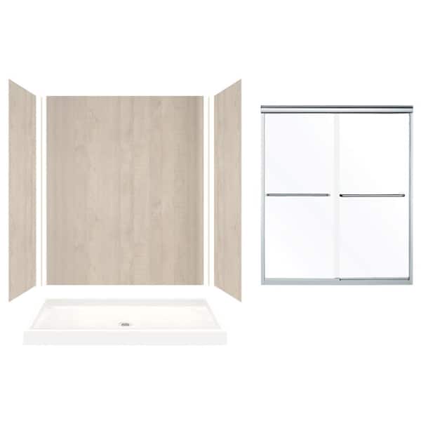 Expressions 32 in. x 60 in. x 72 in. Center Drain Alcove Shower Kit with Door in Bleached Oak and Silver Hardware