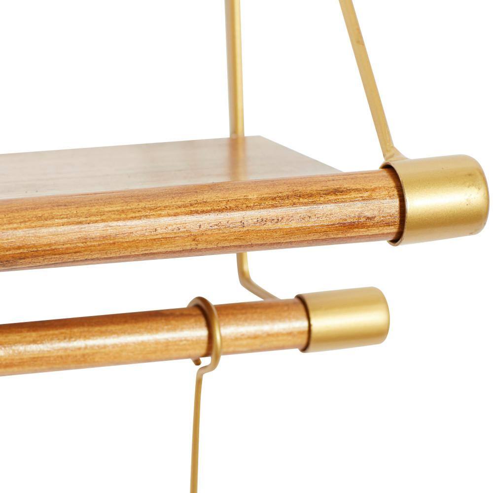 Gold and Wood Nordic Wall Shelf with Hooks
