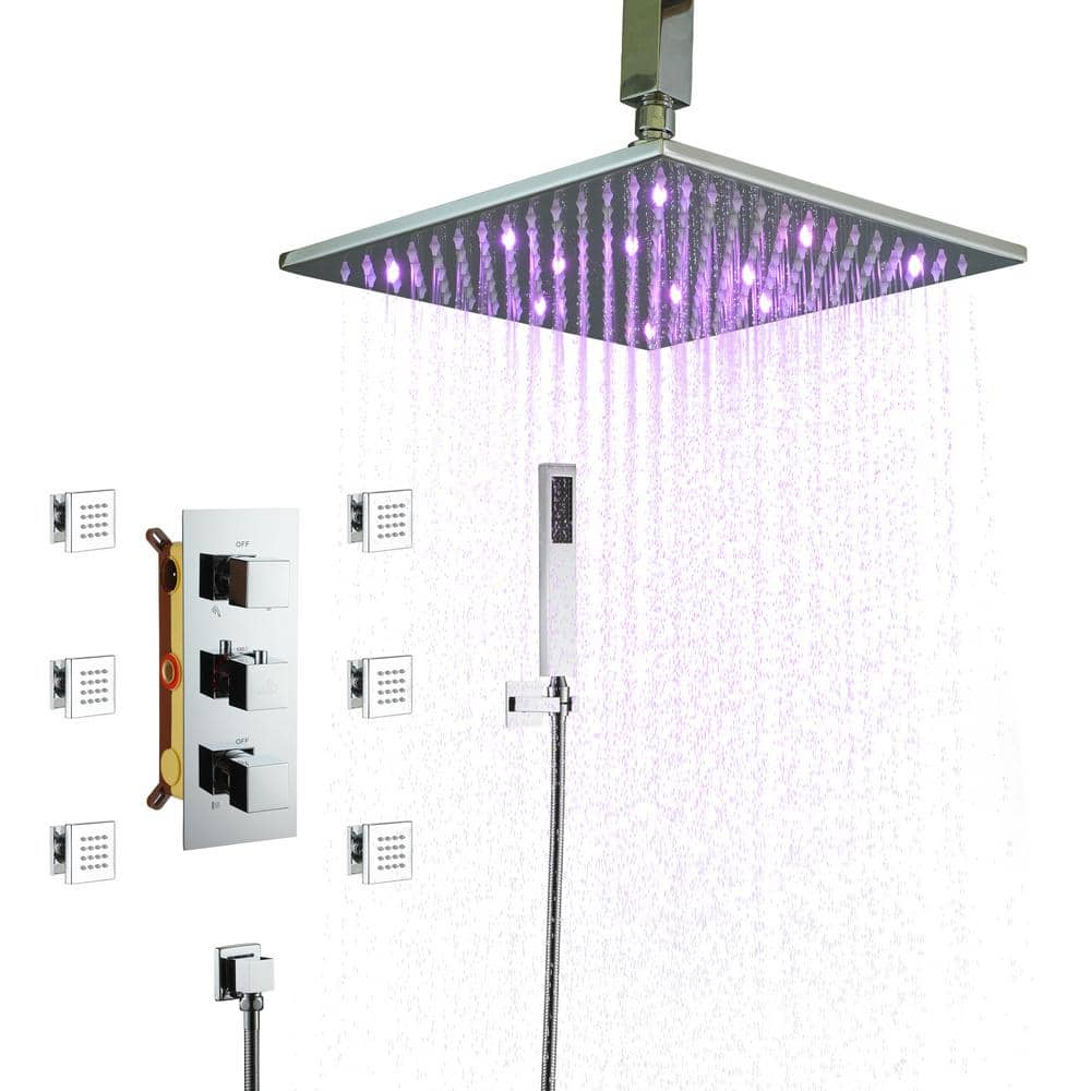 CASAINC 6-Spray 12 In. LED Light Thermostatic Dual Shower Heads Ceiling ...