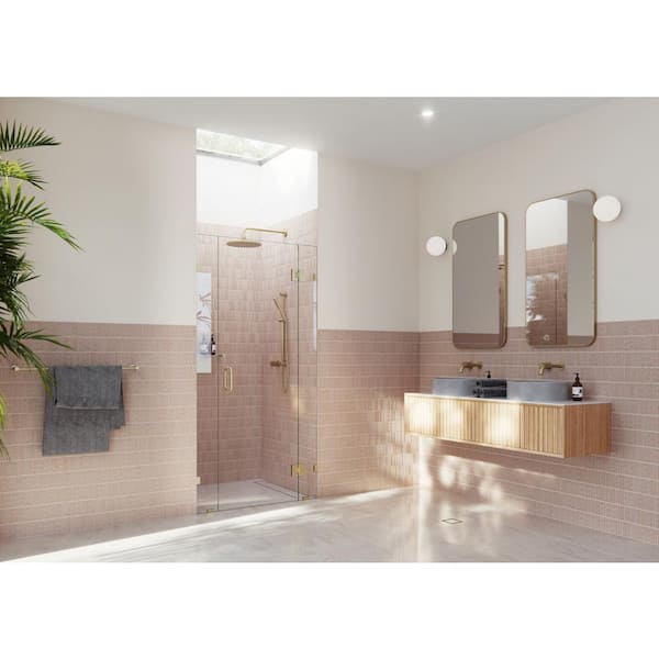 Glass Warehouse Stellar 40.75 in. W x 78 in. H Glass Hinged Pivot Frameless 3-Panel Inline Shower Door in Satin Brass