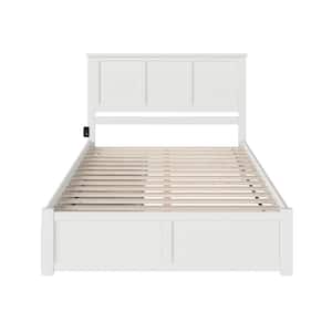 Madison White Queen Solid Wood Storage Platform Bed with Flat Panel Foot Board and 2 Bed Drawers