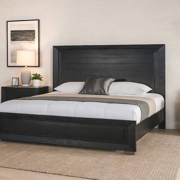 Benjara Ashen Black Wood Frame King Panel Bed with Metal Legs